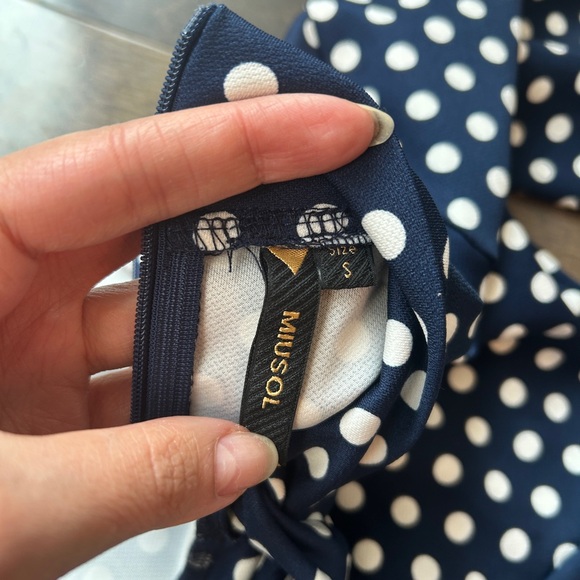 Pinup Polka Dot Pencil Dress in Navy with Neck Bow - Picture 6 of 9